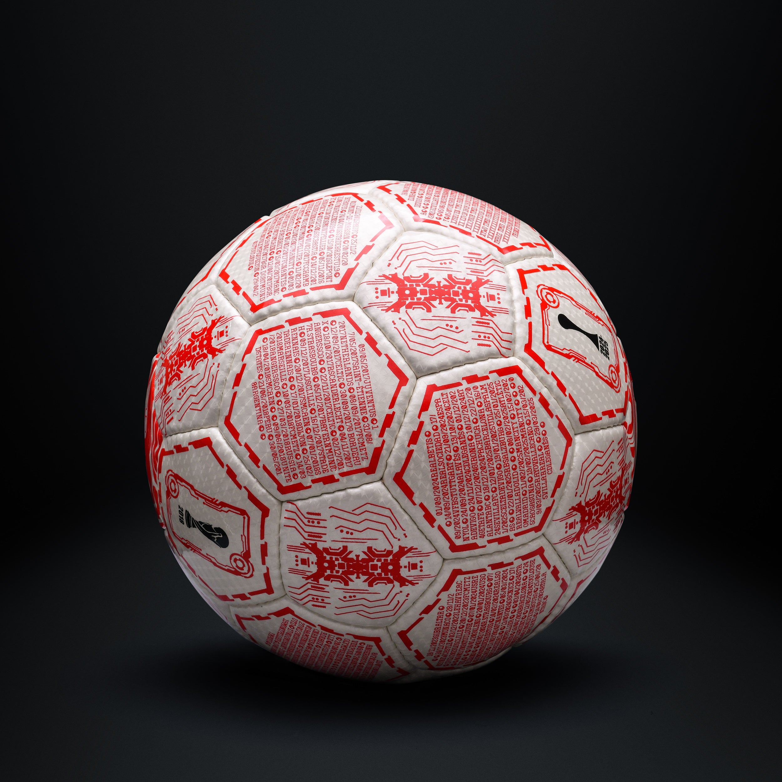 Side view of Kylian Mbappe The Paris Prototype red size 5 football showing design and texture